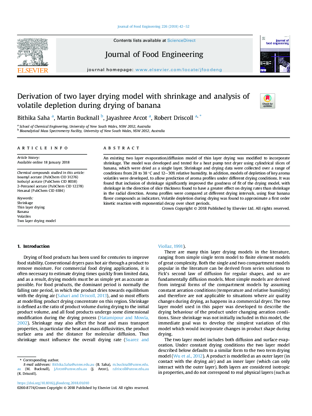 Derivation of two layer drying model with shrinkage and analysis of volatile depletion during drying of banana