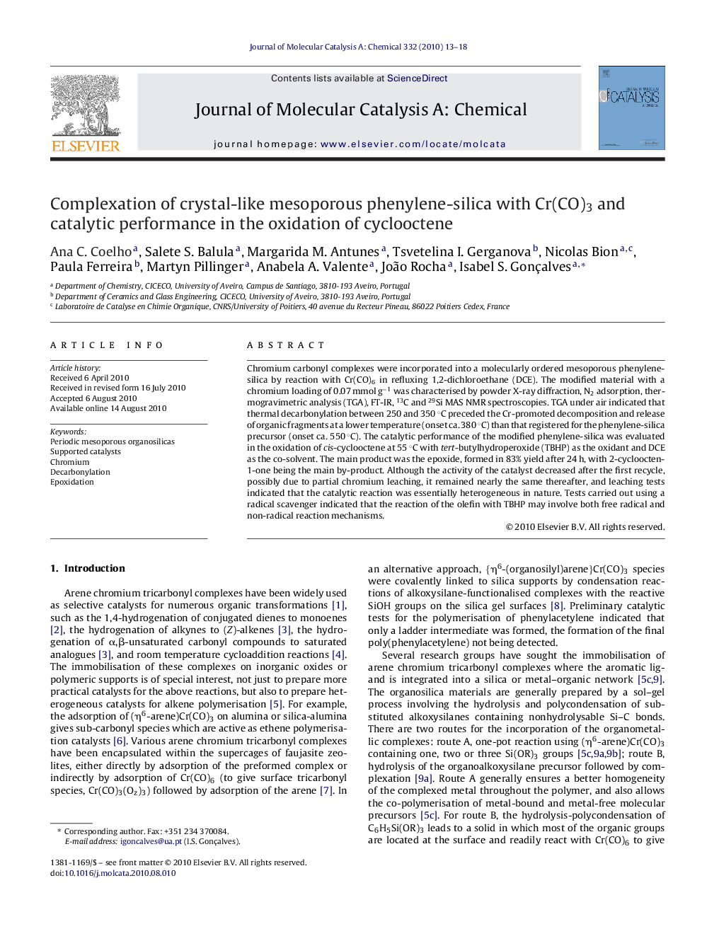 عکس صفحه اول مقاله: Complexation of crystal-like mesoporous phenylene-silica with Cr(CO)3 and catalytic performance in the oxidation of cyclooctene Complexation of crystal-like mesoporous phenylene-silica with Cr(CO)3 and catalytic performance in the oxidation of cyclooctene