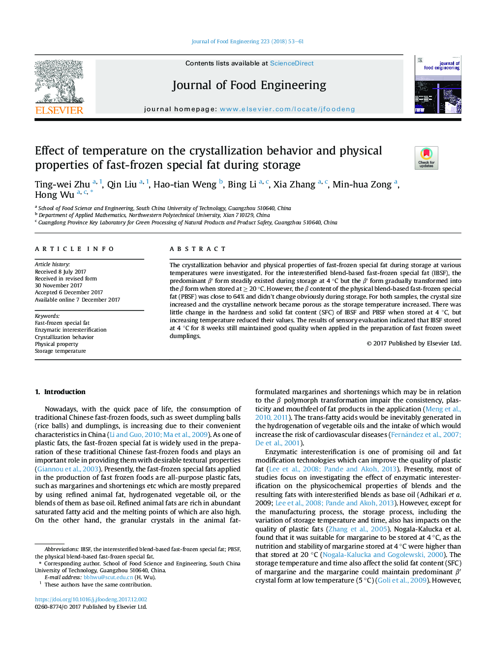 Effect of temperature on the crystallization behavior and physical properties of fast-frozen special fat during storage