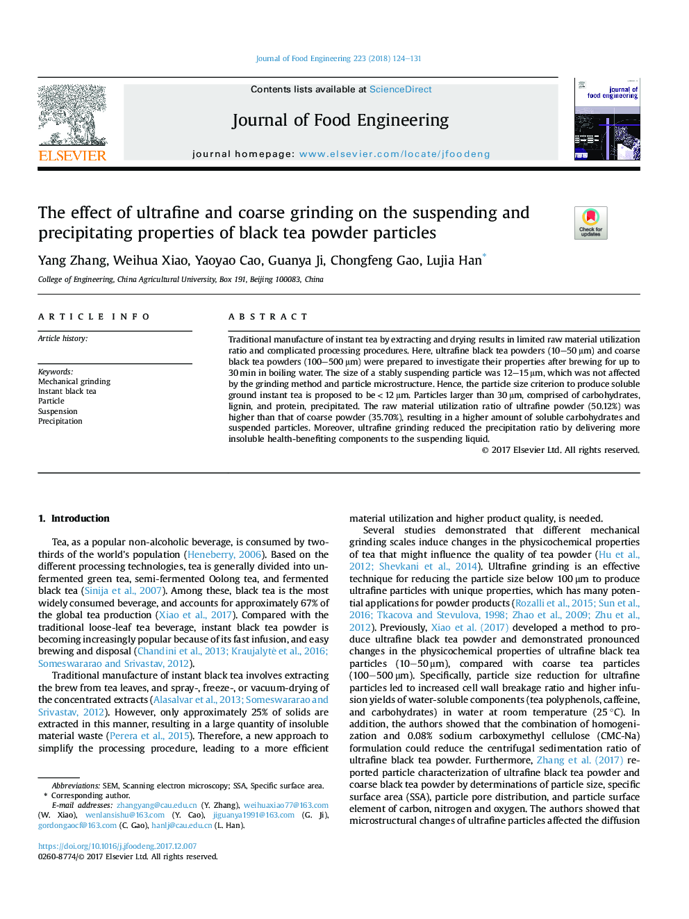 The effect of ultrafine and coarse grinding on the suspending and precipitating properties of black tea powder particles