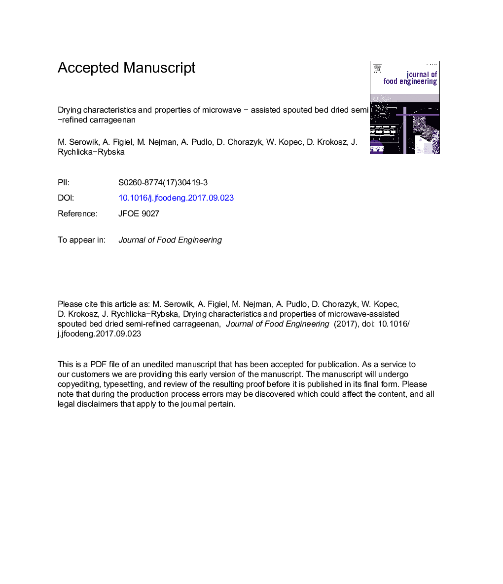 Drying characteristics and properties of microwaveÂ â assisted spouted bed dried semiârefined carrageenan