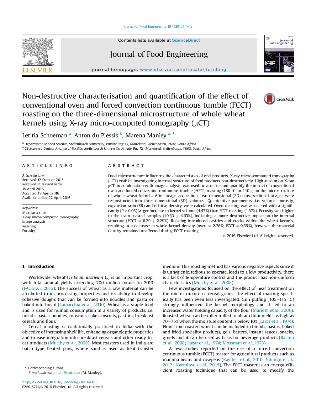 Non-destructive characterisation and quantification of the effect of conventional oven and forced convection continuous tumble (FCCT) roasting on the three-dimensional microstructure of whole wheat kernels using X-ray micro-computed tomography (Î¼CT)