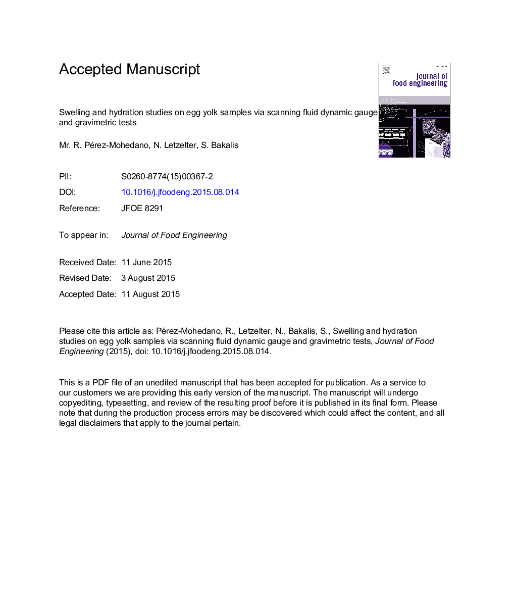 Swelling and hydration studies on egg yolk samples via scanning fluid dynamic gauge and gravimetric tests