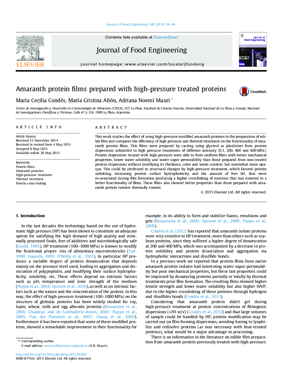 Amaranth protein films prepared with high-pressure treated proteins