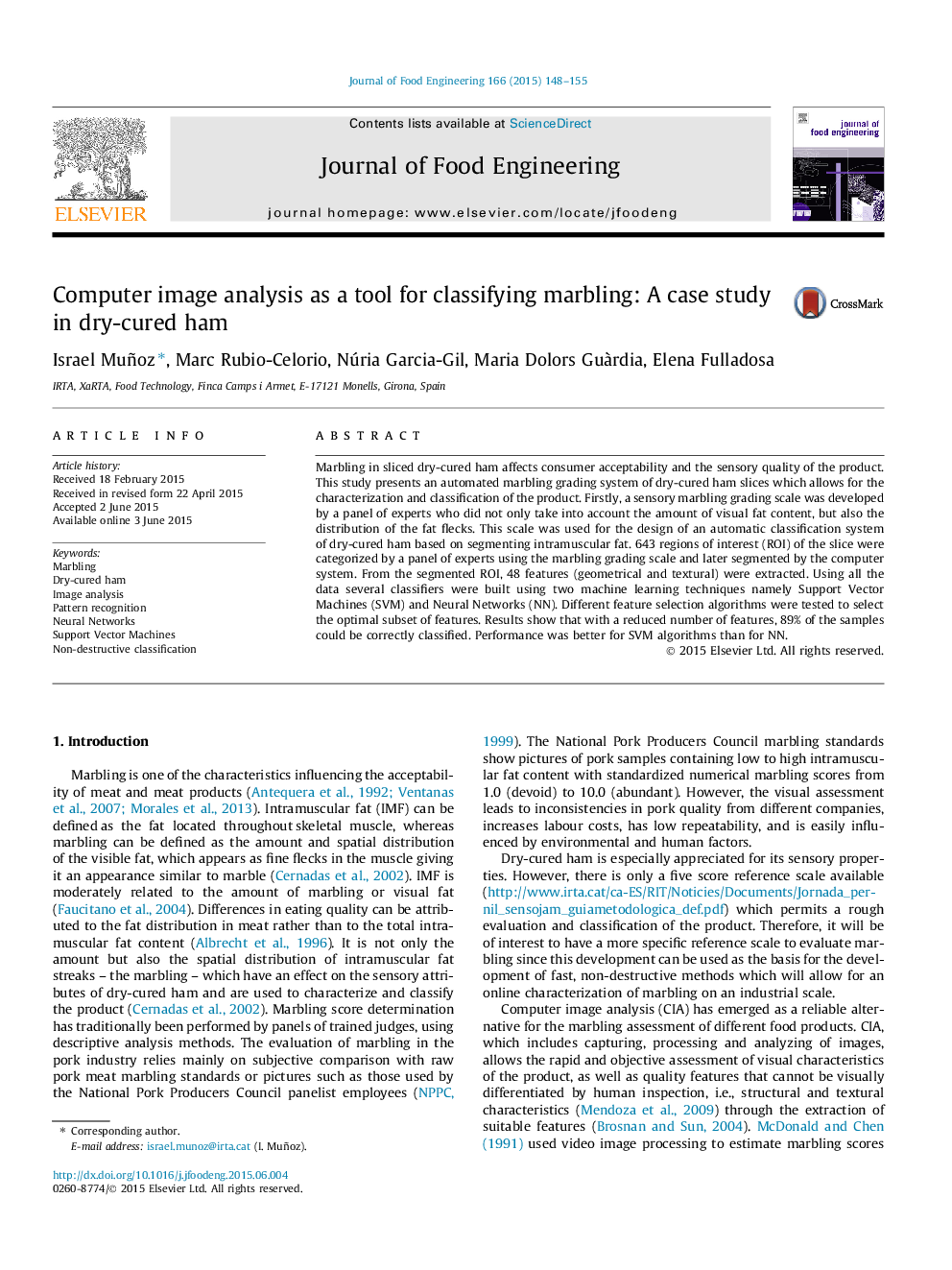 عکس صفحه اول مقاله: Computer image analysis as a tool for classifying marbling: A case study in dry-cured ham Computer image analysis as a tool for classifying marbling: A case study in dry-cured ham