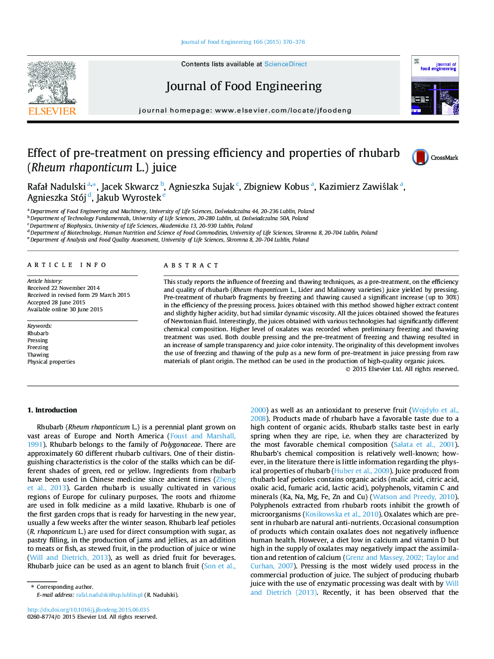 Effect of pre-treatment on pressing efficiency and properties of rhubarb (Rheum rhaponticum L.) juice