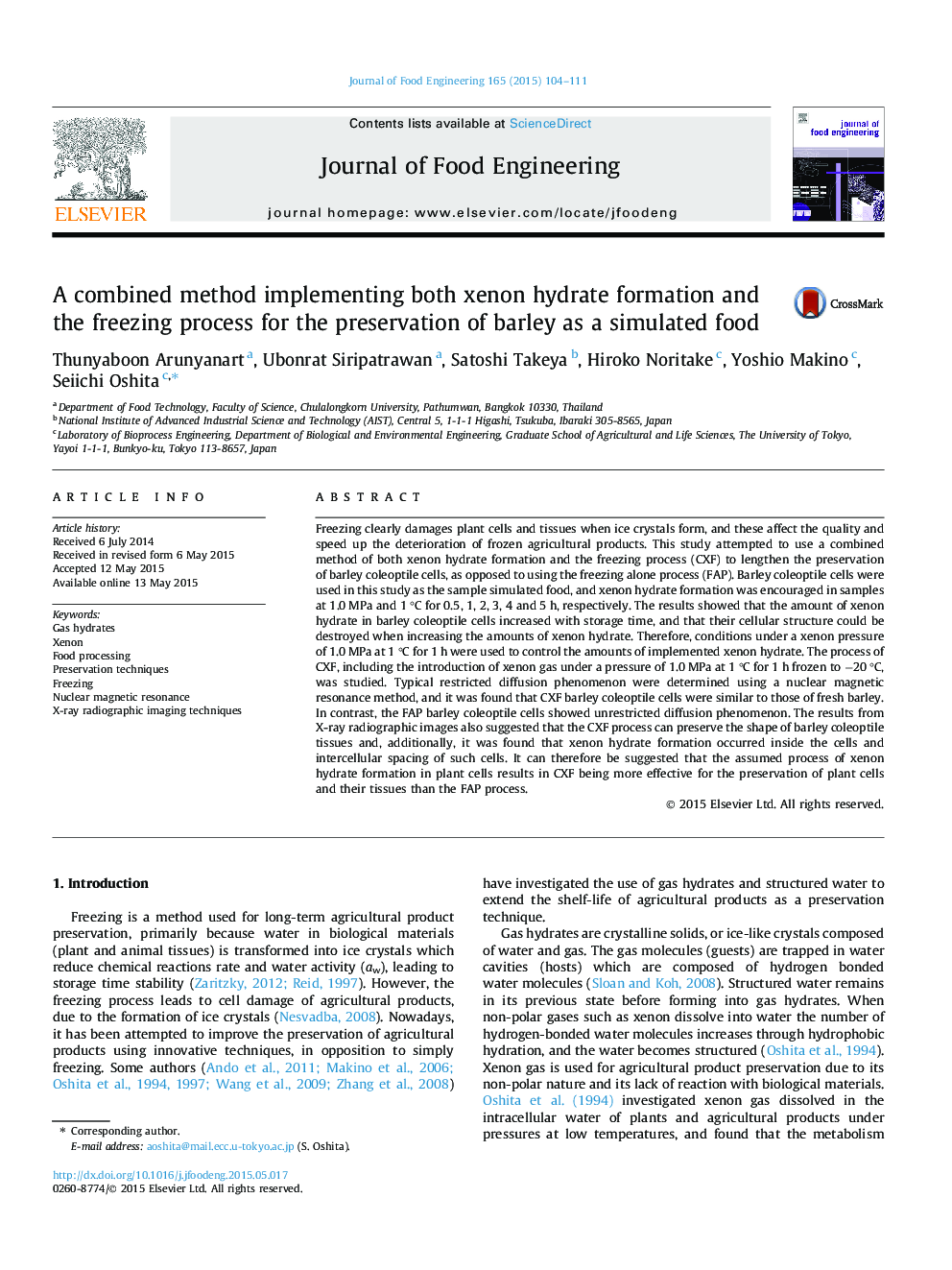 A combined method implementing both xenon hydrate formation and the freezing process for the preservation of barley as a simulated food