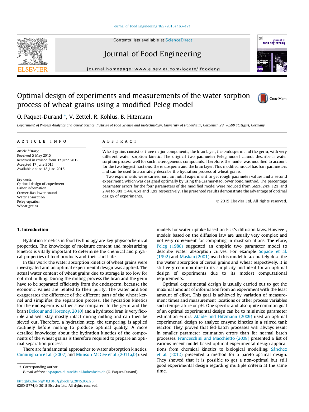 Optimal design of experiments and measurements of the water sorption process of wheat grains using a modified Peleg model