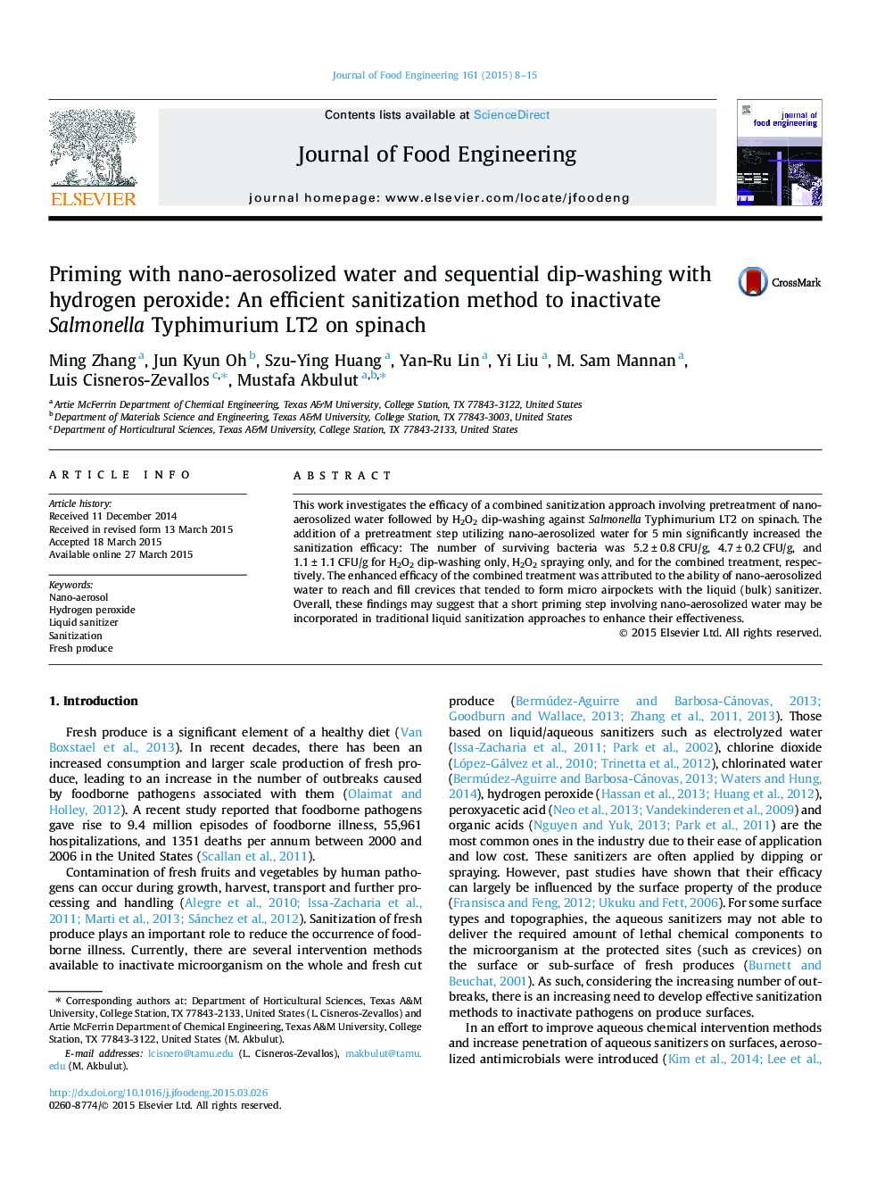 Priming with nano-aerosolized water and sequential dip-washing with hydrogen peroxide: An efficient sanitization method to inactivate Salmonella Typhimurium LT2 on spinach