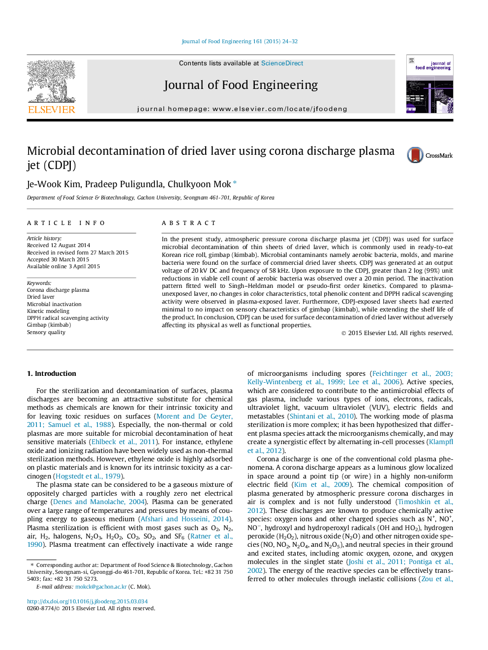 Microbial decontamination of dried laver using corona discharge plasma jet (CDPJ)