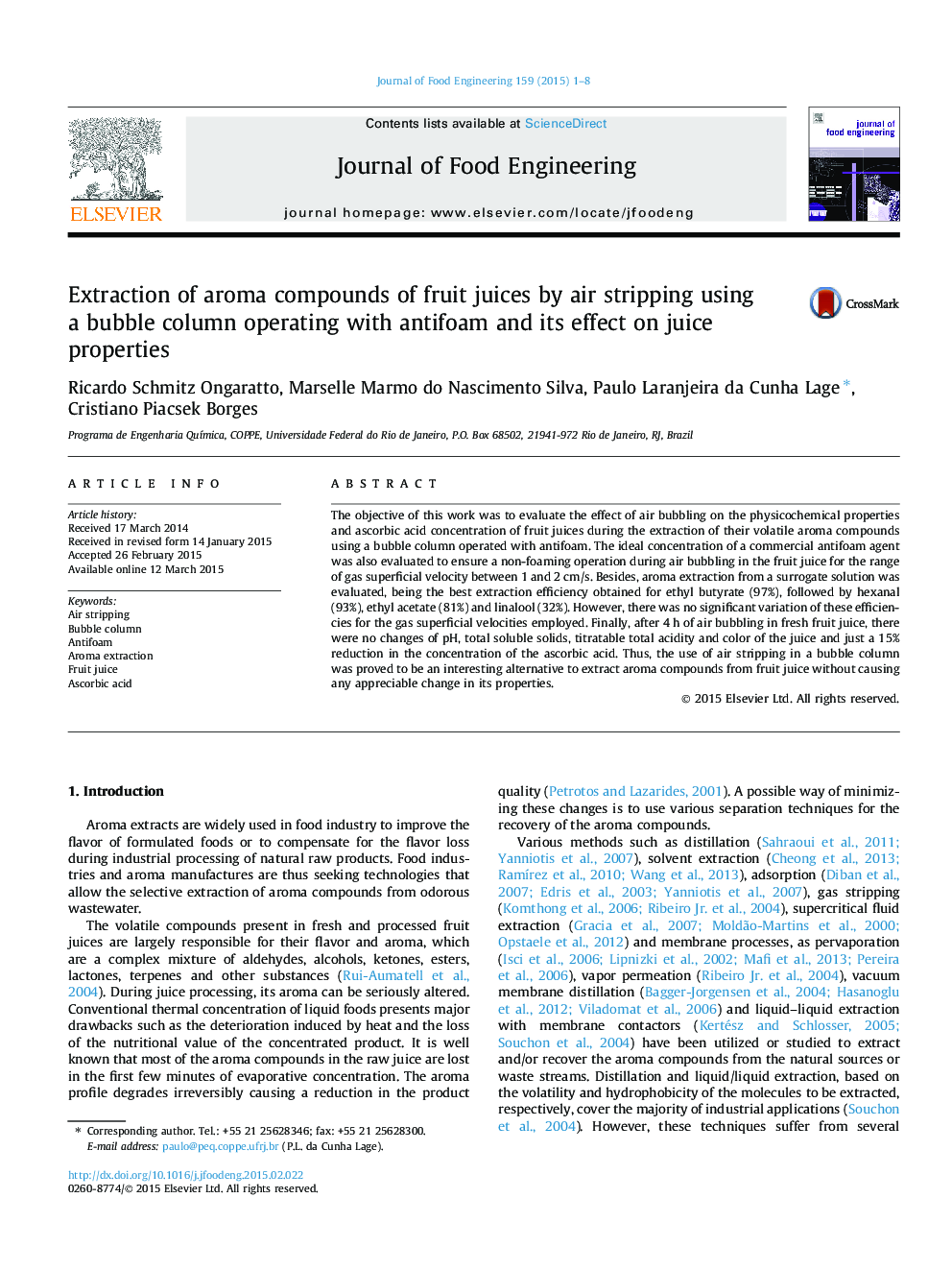 Extraction of aroma compounds of fruit juices by air stripping using a bubble column operating with antifoam and its effect on juice properties