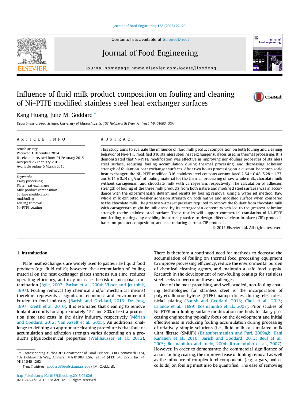 Influence of fluid milk product composition on fouling and cleaning of Ni-PTFE modified stainless steel heat exchanger surfaces