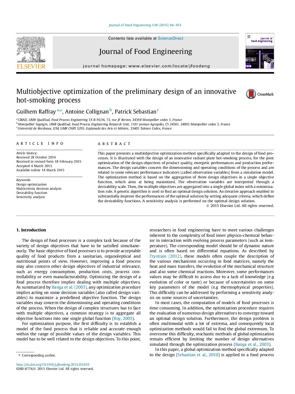 Multiobjective optimization of the preliminary design of an innovative hot-smoking process