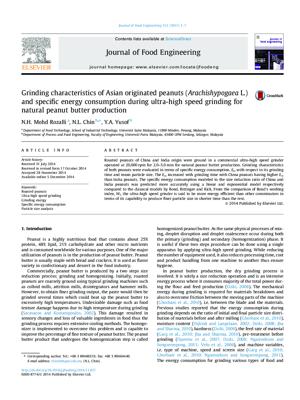 Grinding characteristics of Asian originated peanuts (Arachishypogaea L.) and specific energy consumption during ultra-high speed grinding for natural peanut butter production