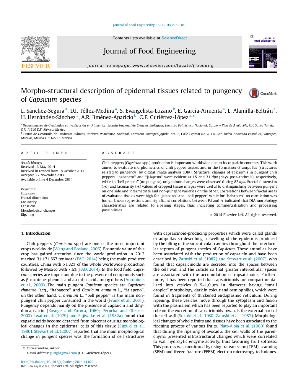 Morpho-structural description of epidermal tissues related to pungency of Capsicum species