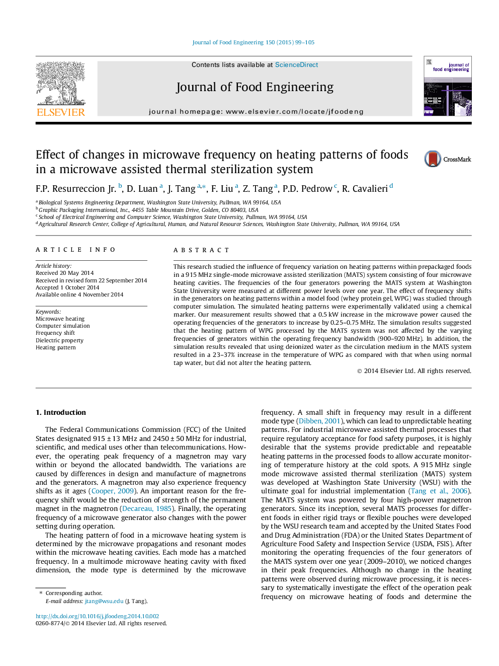 Effect of changes in microwave frequency on heating patterns of foods in a microwave assisted thermal sterilization system