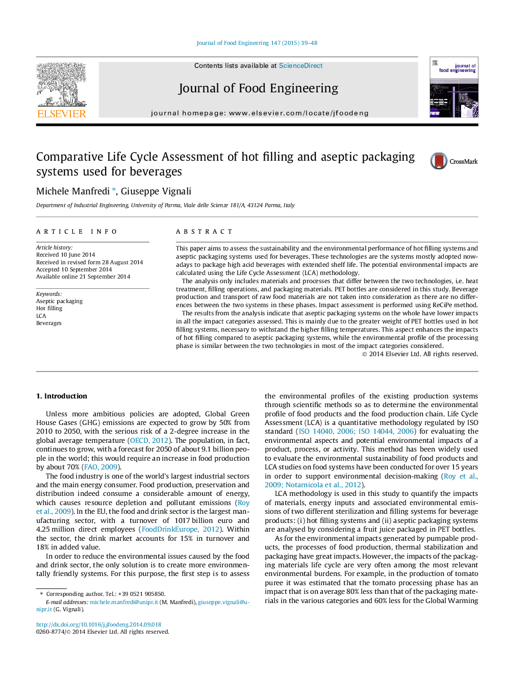 Comparative Life Cycle Assessment of hot filling and aseptic packaging systems used for beverages