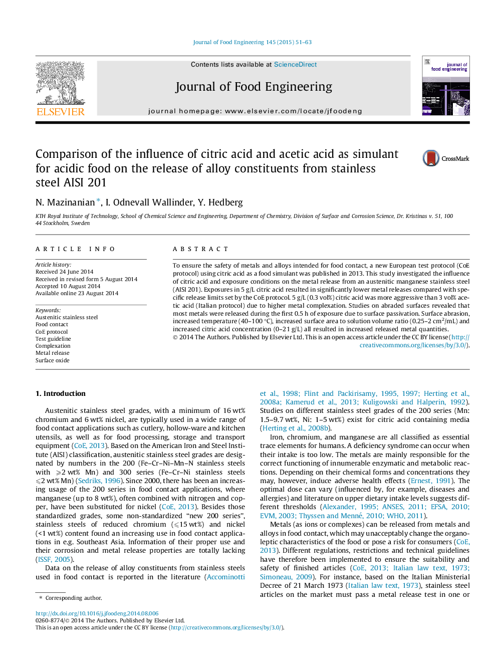 Comparison of the influence of citric acid and acetic acid as simulant for acidic food on the release of alloy constituents from stainless steel AISI 201