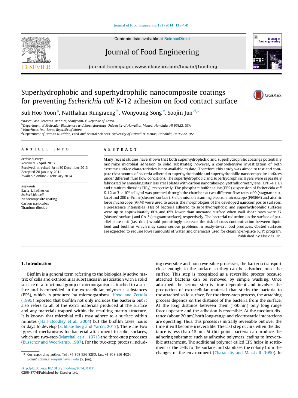 Superhydrophobic and superhydrophilic nanocomposite coatings for preventing Escherichia coli K-12 adhesion on food contact surface