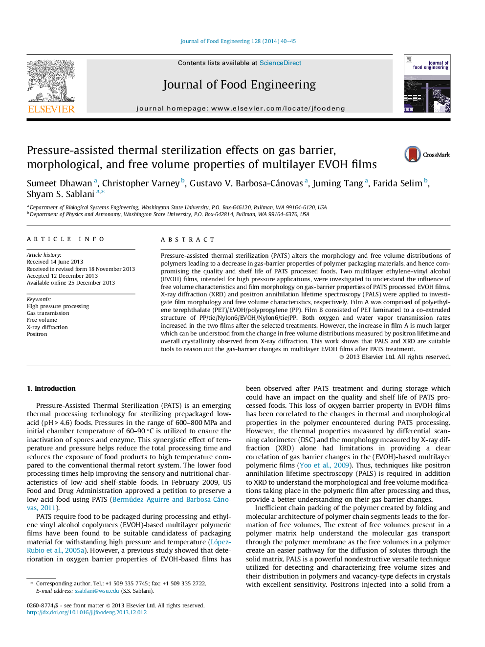 Pressure-assisted thermal sterilization effects on gas barrier, morphological, and free volume properties of multilayer EVOH films