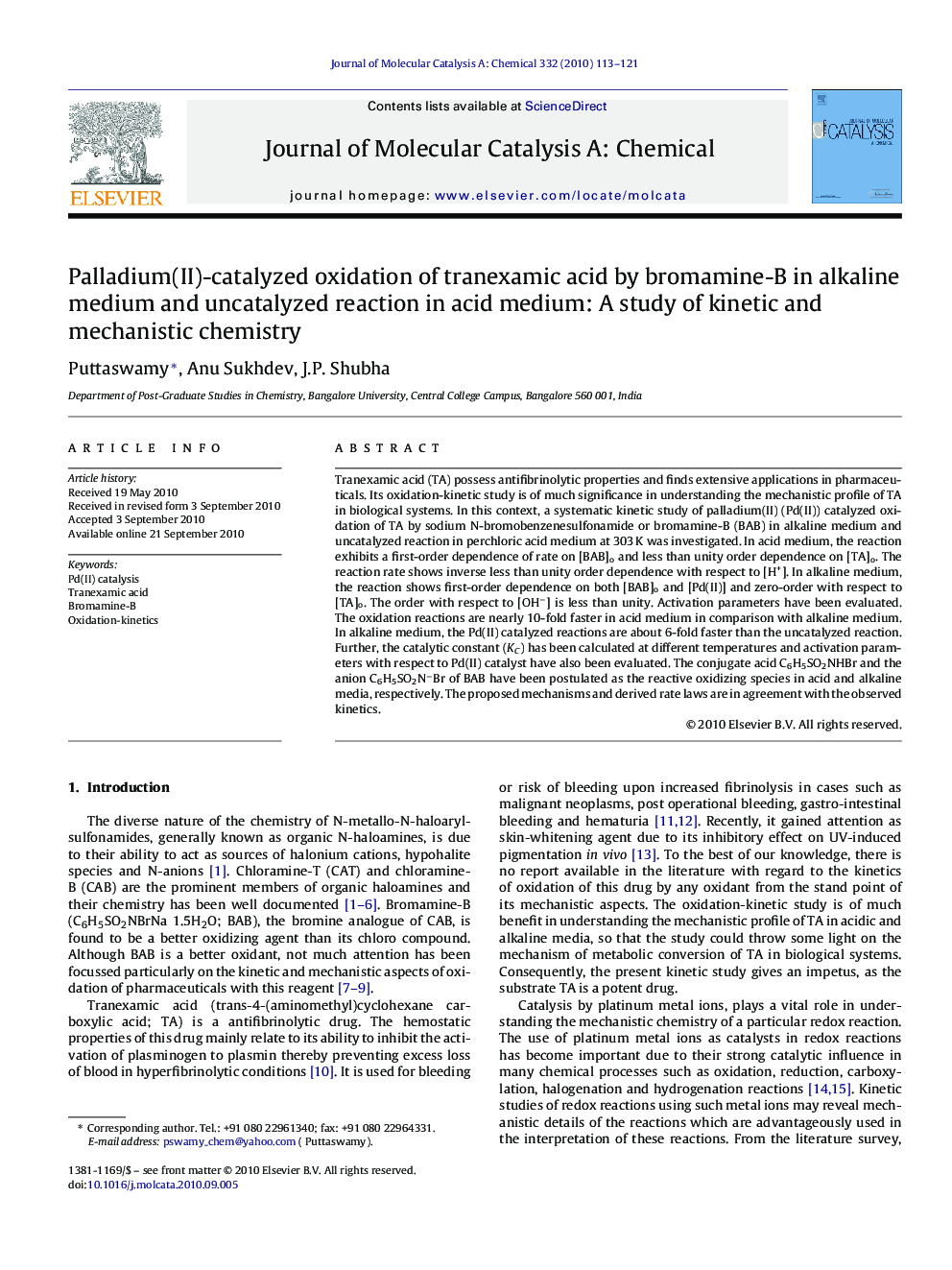 Palladium(II)-catalyzed oxidation of tranexamic acid by bromamine-B in alkaline medium and uncatalyzed reaction in acid medium: A study of kinetic and mechanistic chemistry