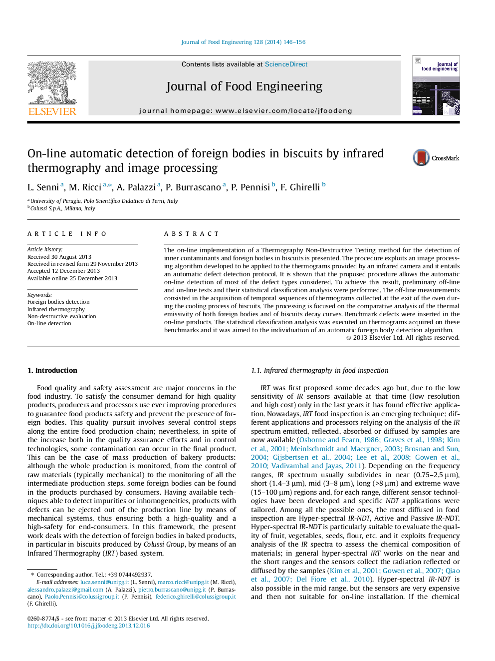 On-line automatic detection of foreign bodies in biscuits by infrared thermography and image processing