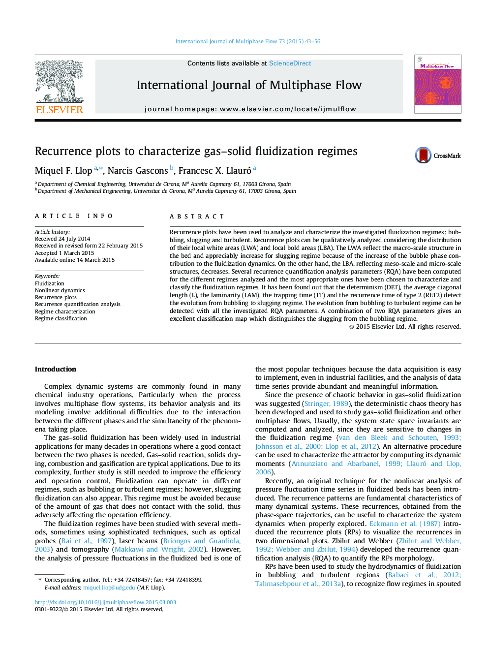 Recurrence plots to characterize gas-solid fluidization regimes