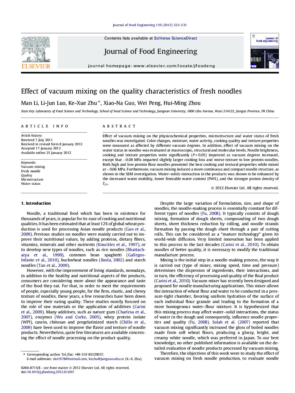 Effect of vacuum mixing on the quality characteristics of fresh noodles