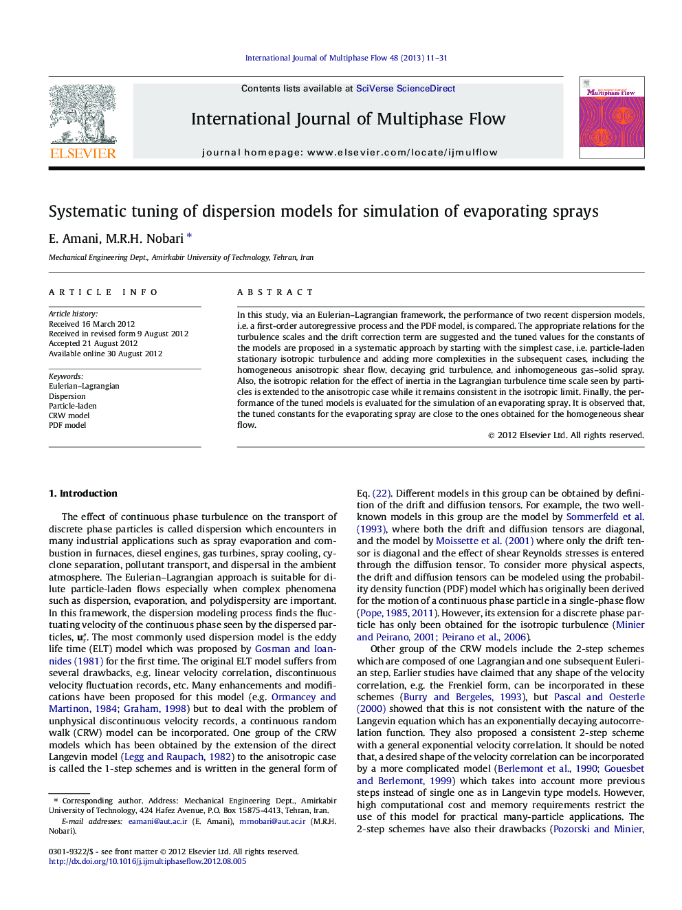 Systematic tuning of dispersion models for simulation of evaporating sprays