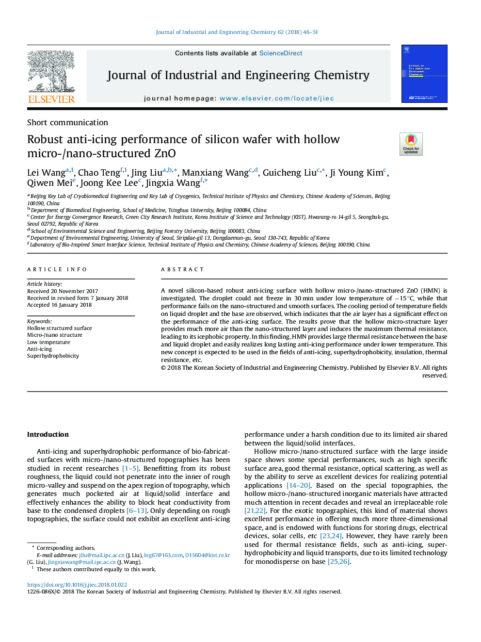 Robust anti-icing performance of silicon wafer with hollow micro-/nano-structured ZnO