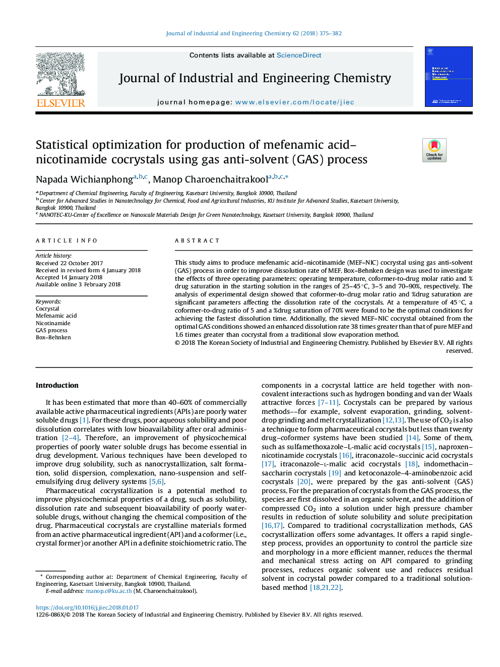 Statistical optimization for production of mefenamic acid-nicotinamide cocrystals using gas anti-solvent (GAS) process