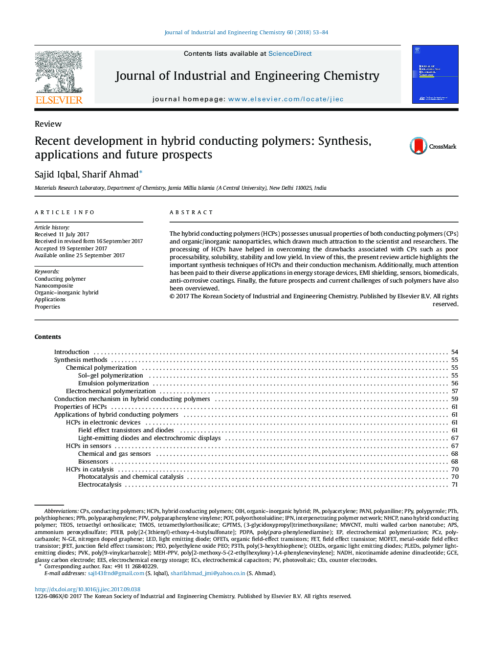 Recent development in hybrid conducting polymers: Synthesis, applications and future prospects