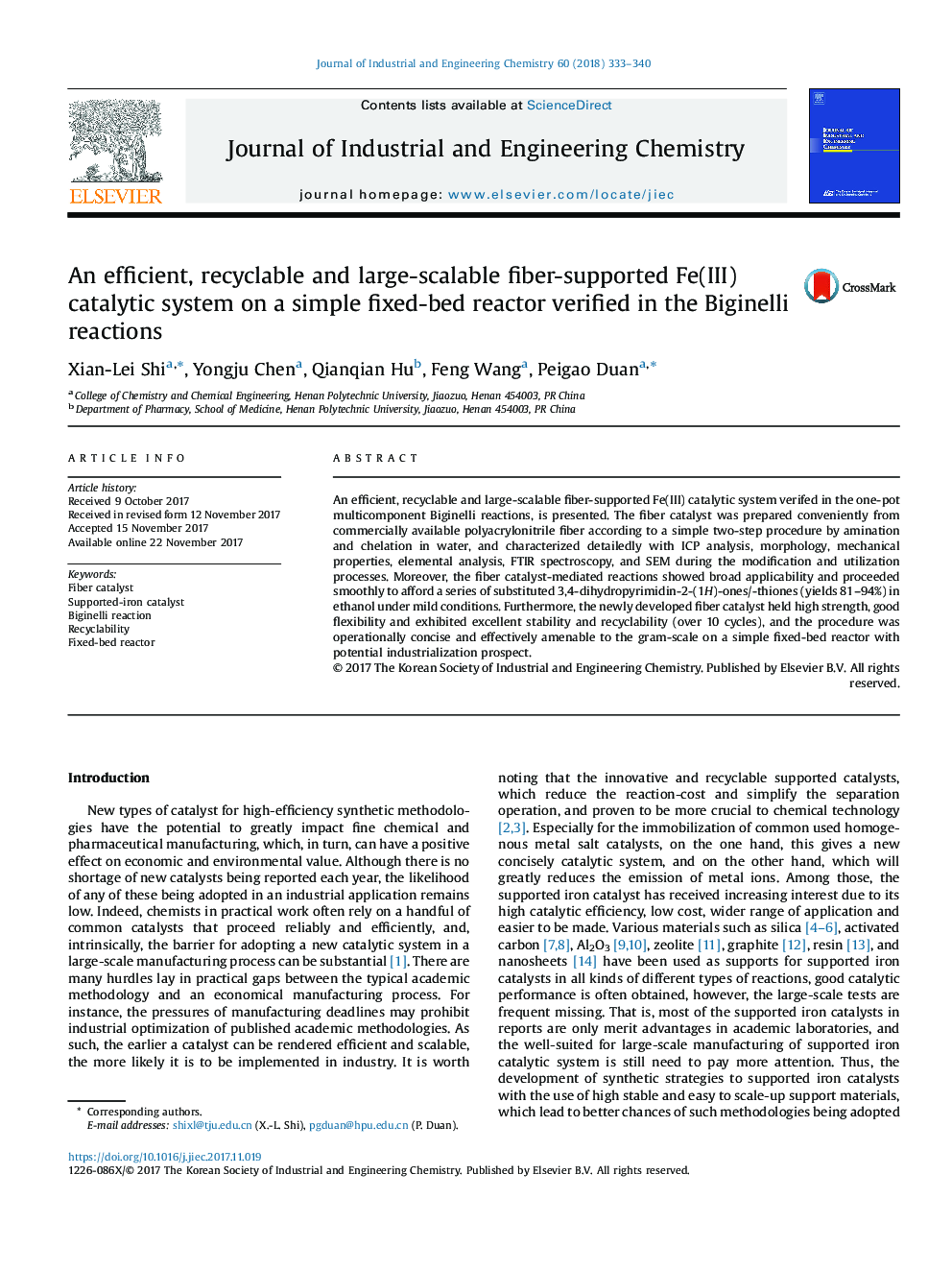 An efficient, recyclable and large-scalable fiber-supported Fe(III) catalytic system on a simple fixed-bed reactor verified in the Biginelli reactions