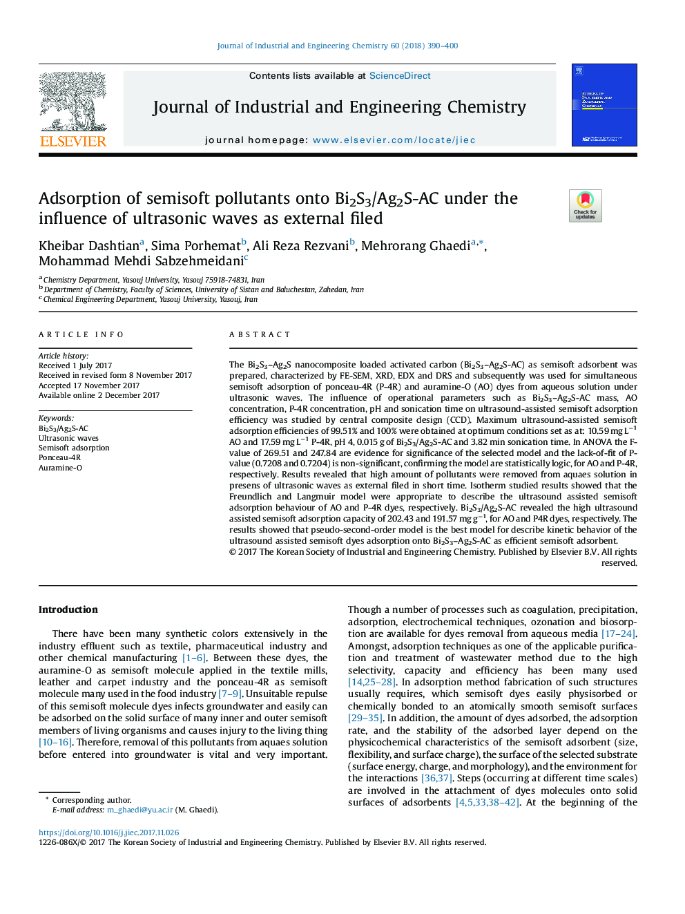 عکس صفحه اول مقاله: Adsorption of semisoft pollutants onto Bi2S3/Ag2S-AC under the influence of ultrasonic waves as external filed Adsorption of semisoft pollutants onto Bi2S3/Ag2S-AC under the influence of ultrasonic waves as external filed
