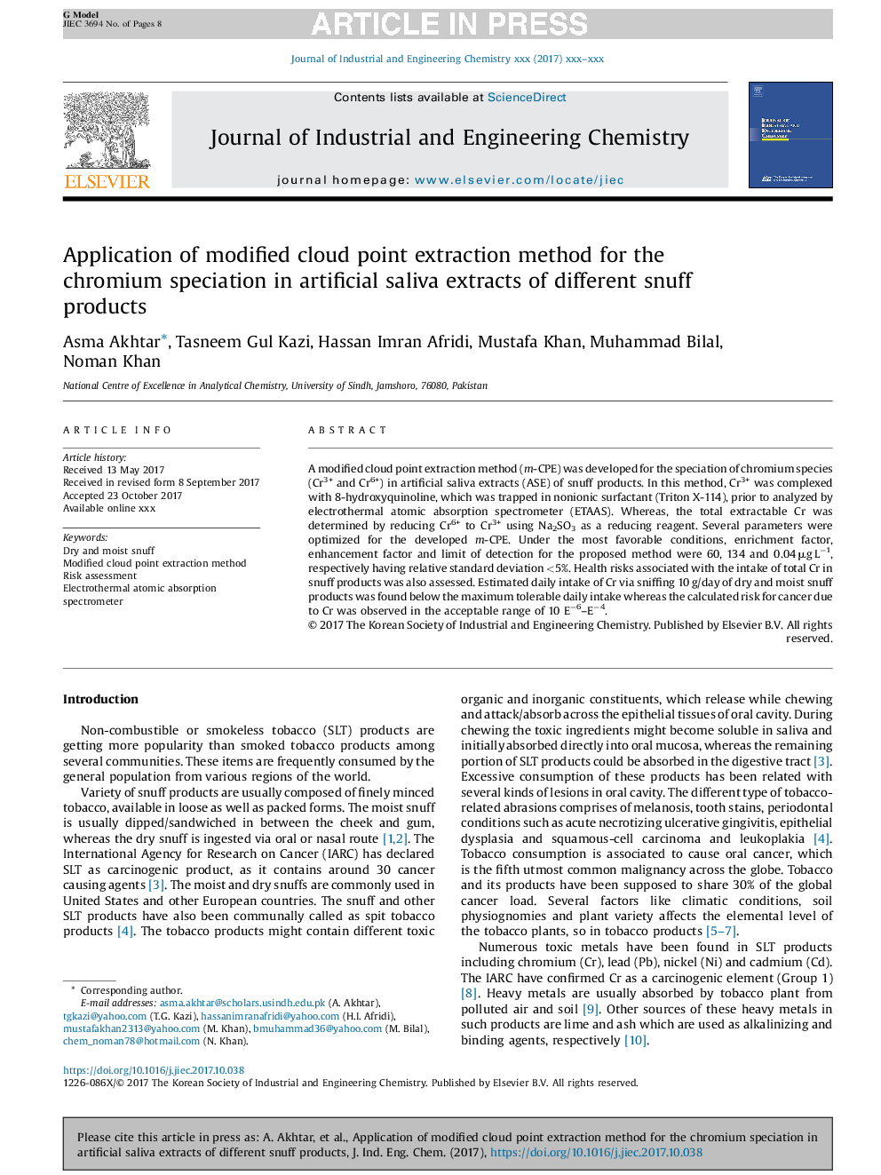 Application of modified cloud point extraction method for the chromium speciation in artificial saliva extracts of different snuff products