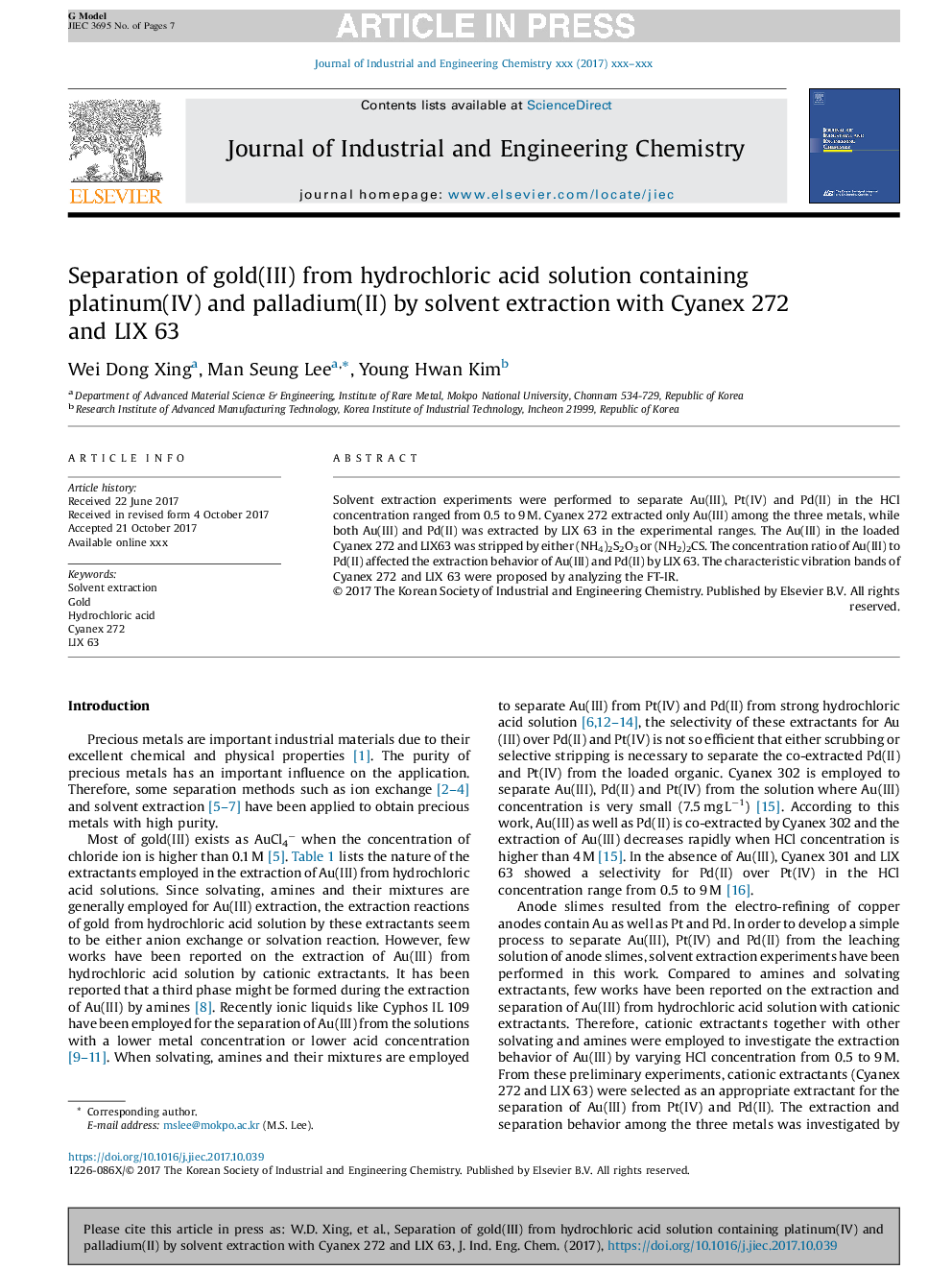 Separation of gold(III) from hydrochloric acid solution containing platinum(IV) and palladium(II) by solvent extraction with Cyanex 272 and LIX 63