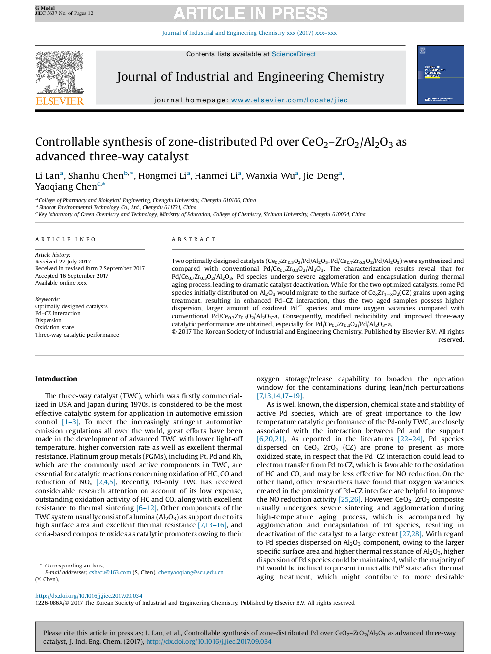 Controllable synthesis of zone-distributed Pd over CeO2-ZrO2/Al2O3 as advanced three-way catalyst