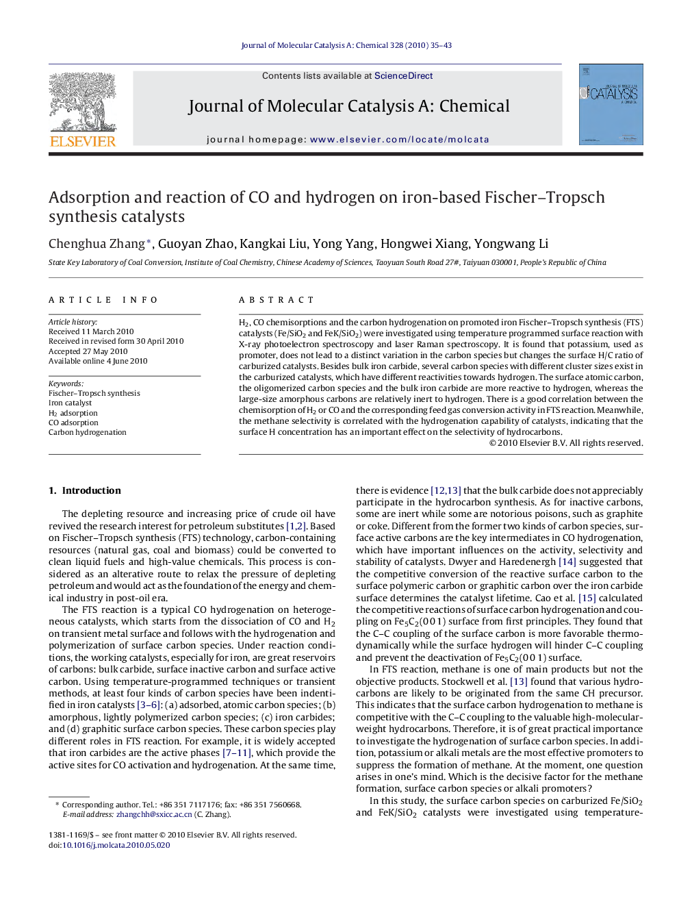 Adsorption and reaction of CO and hydrogen on iron-based Fischer–Tropsch synthesis catalysts