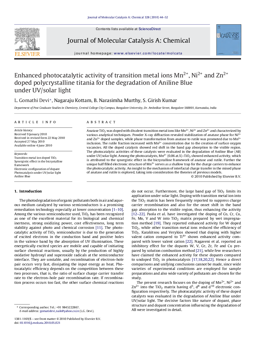 عکس صفحه اول مقاله: Enhanced photocatalytic activity of transition metal ions Mn2+, Ni2+ and Zn2+ doped polycrystalline titania for the degradation of Aniline Blue under UV/solar light Enhanced photocatalytic activity of transition metal ions Mn2+, Ni2+ and Zn2+ doped polycrystalline titania for the degradation of Aniline Blue under UV/solar light