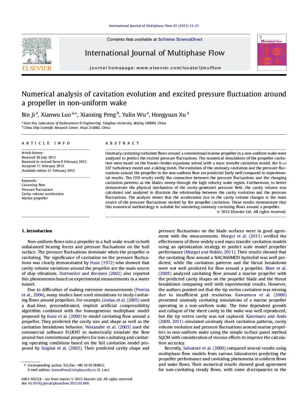 Numerical analysis of cavitation evolution and excited pressure fluctuation around a propeller in non-uniform wake