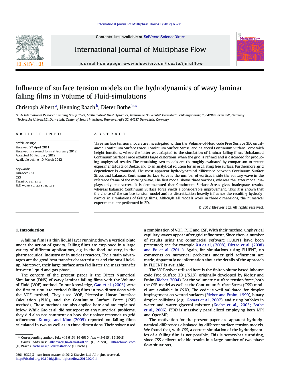 Influence of surface tension models on the hydrodynamics of wavy laminar falling films in Volume of Fluid-simulations