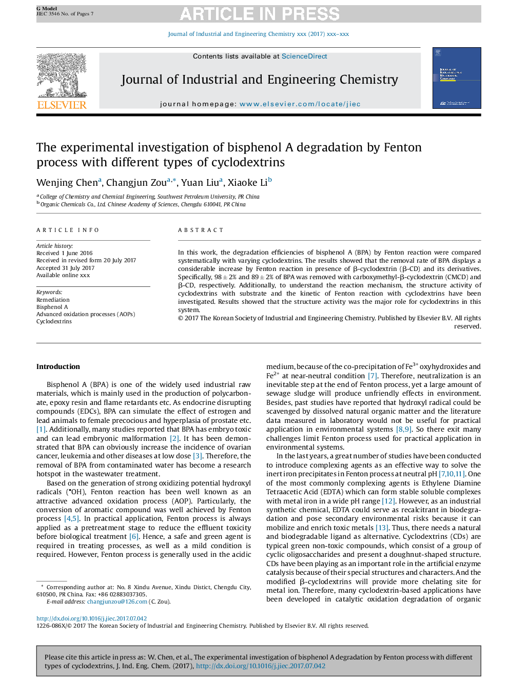 The experimental investigation of bisphenol A degradation by Fenton process with different types of cyclodextrins