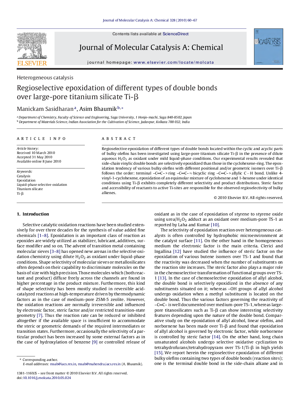 Regioselective epoxidation of different types of double bonds over large-pore titanium silicate Ti-β