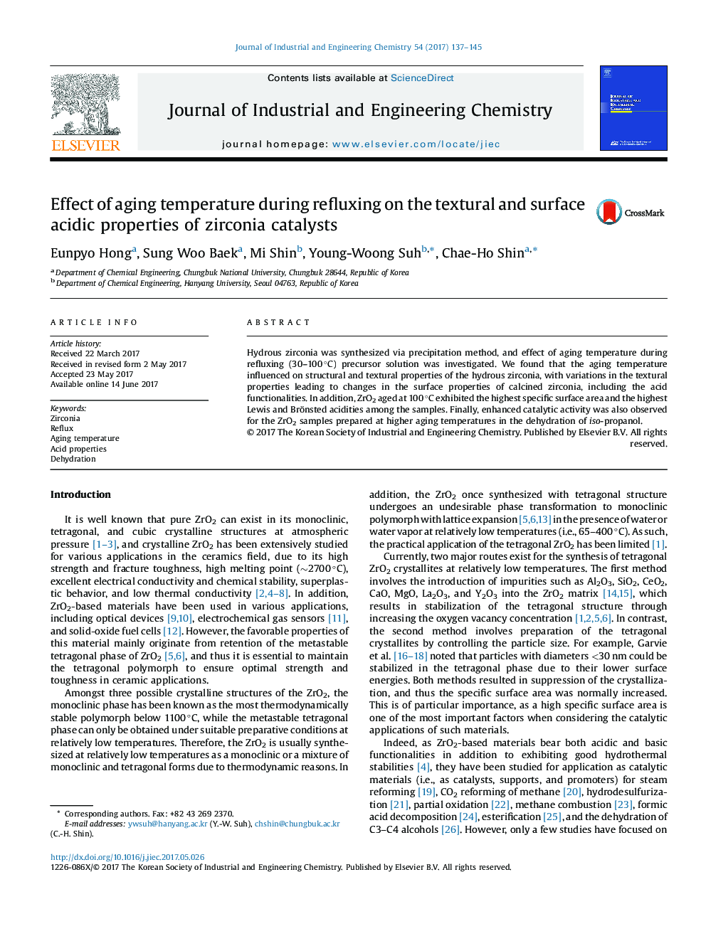 Effect of aging temperature during refluxing on the textural and surface acidic properties of zirconia catalysts