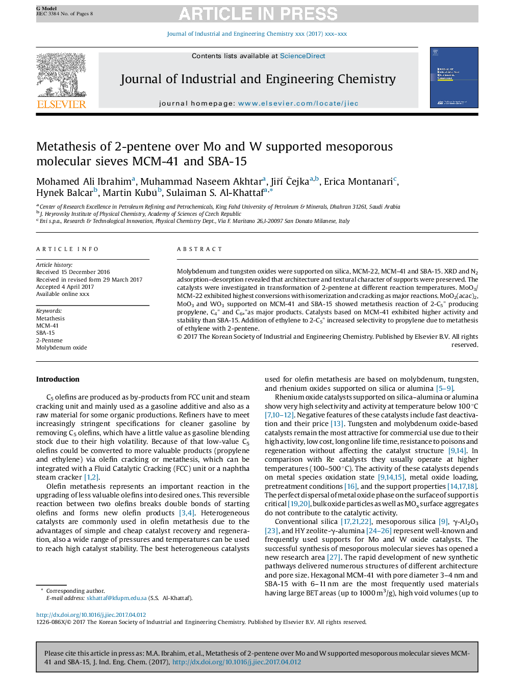 Metathesis of 2-pentene over Mo and W supported mesoporous molecular sieves MCM-41 and SBA-15