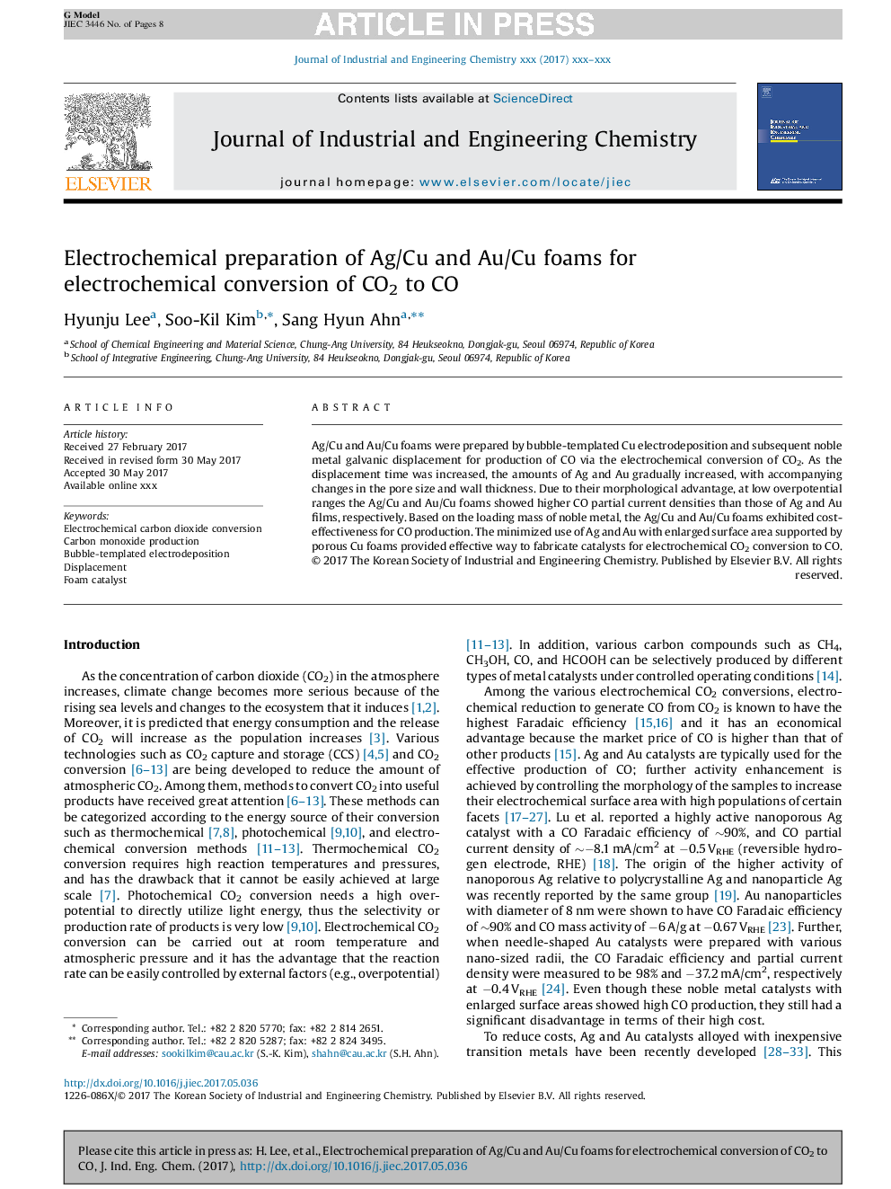 Electrochemical preparation of Ag/Cu and Au/Cu foams for electrochemical conversion of CO2 to CO