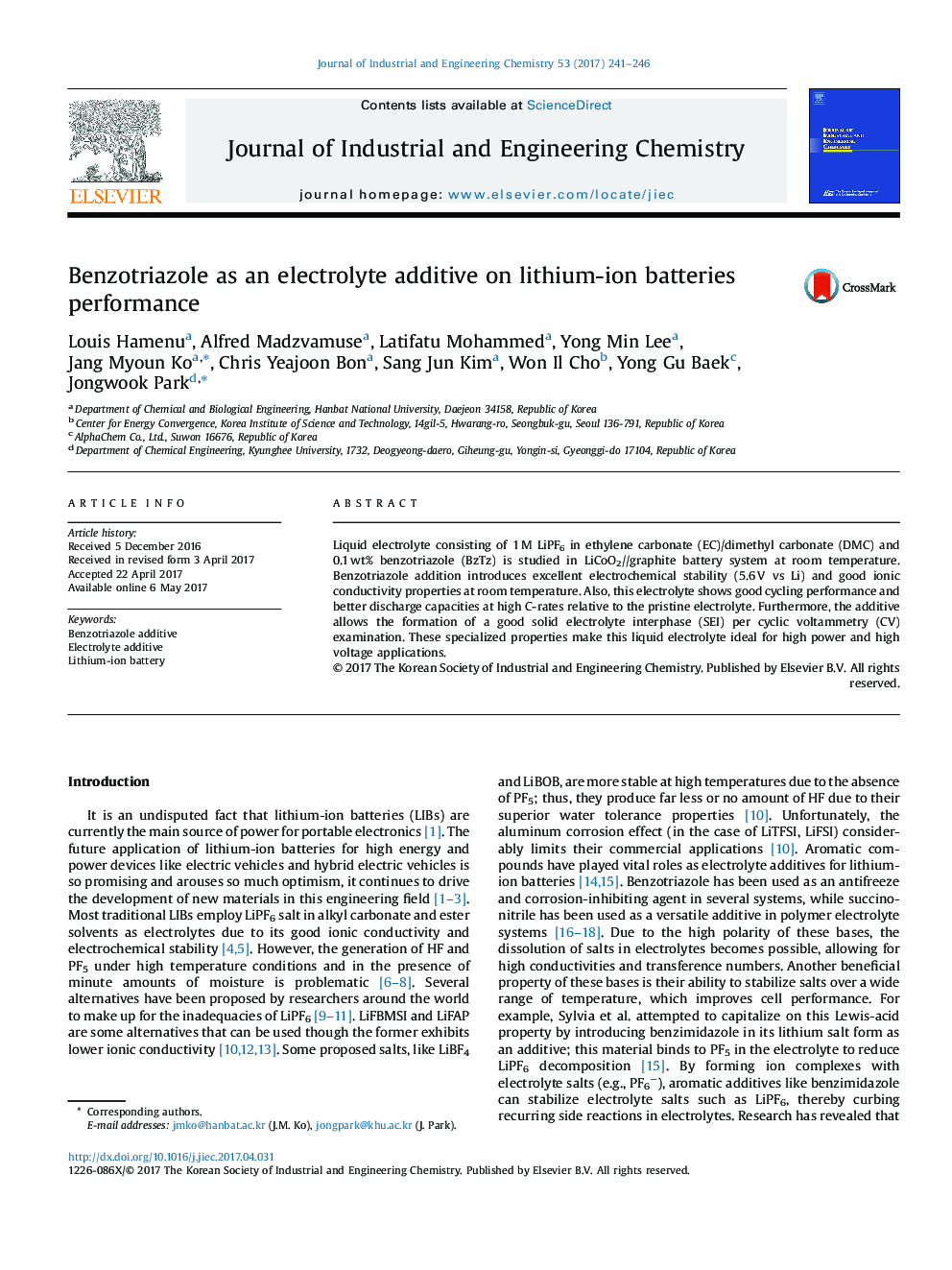 Benzotriazole as an electrolyte additive on lithium-ion batteries performance