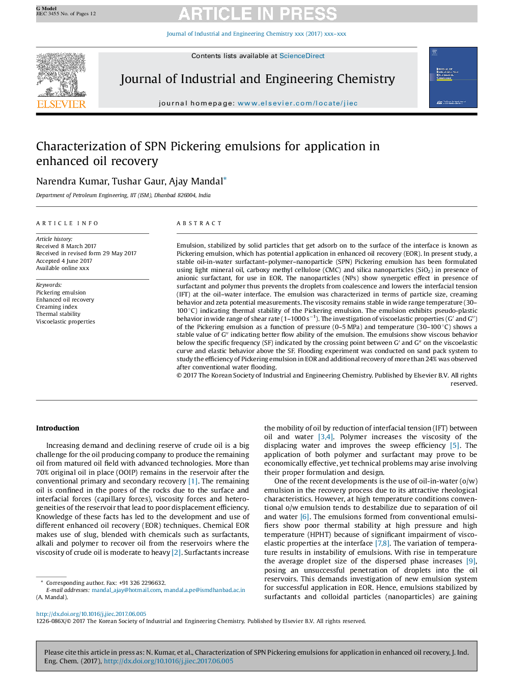 Characterization of SPN Pickering emulsions for application in enhanced oil recovery