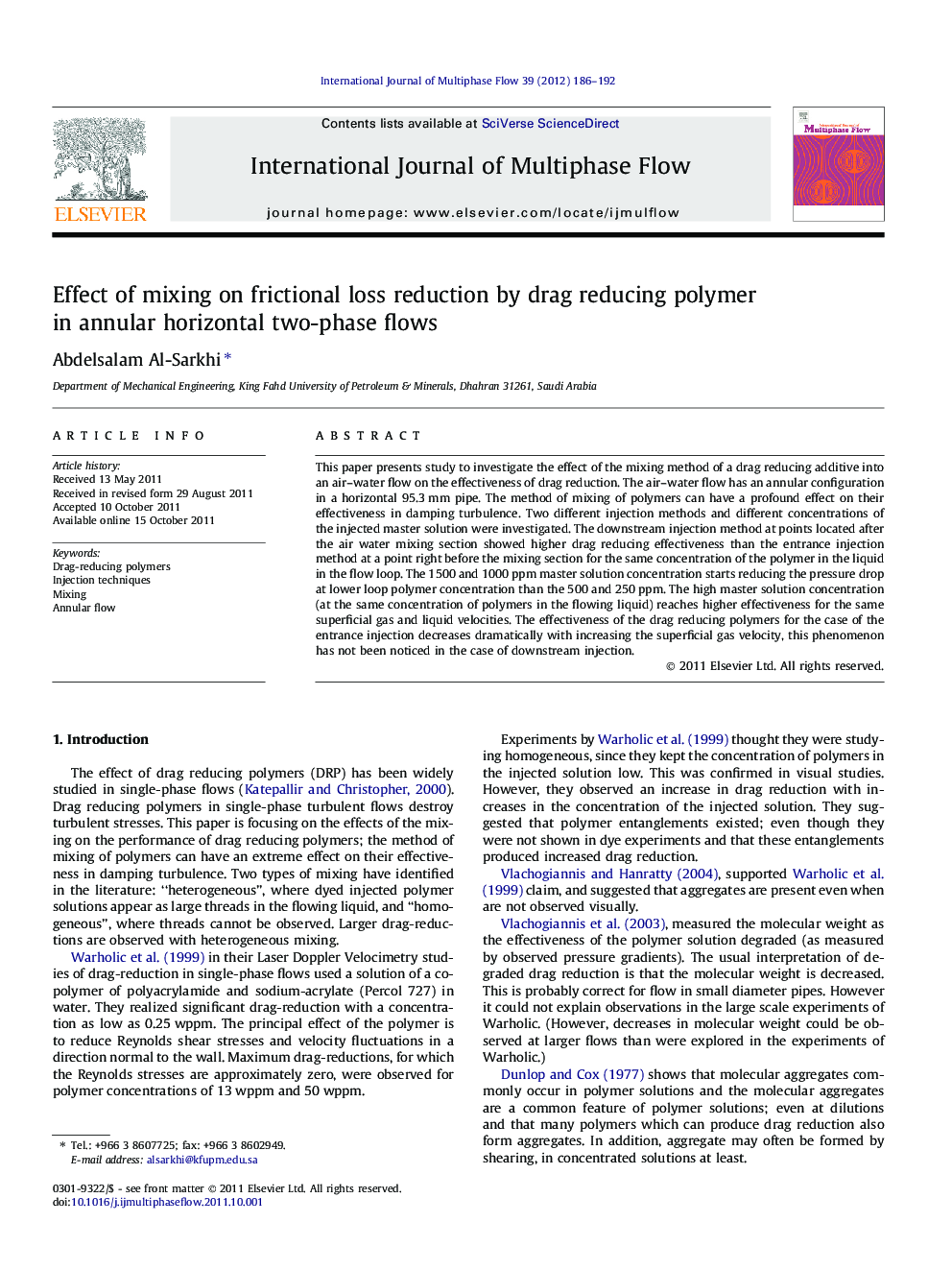 Effect of mixing on frictional loss reduction by drag reducing polymer in annular horizontal two-phase flows