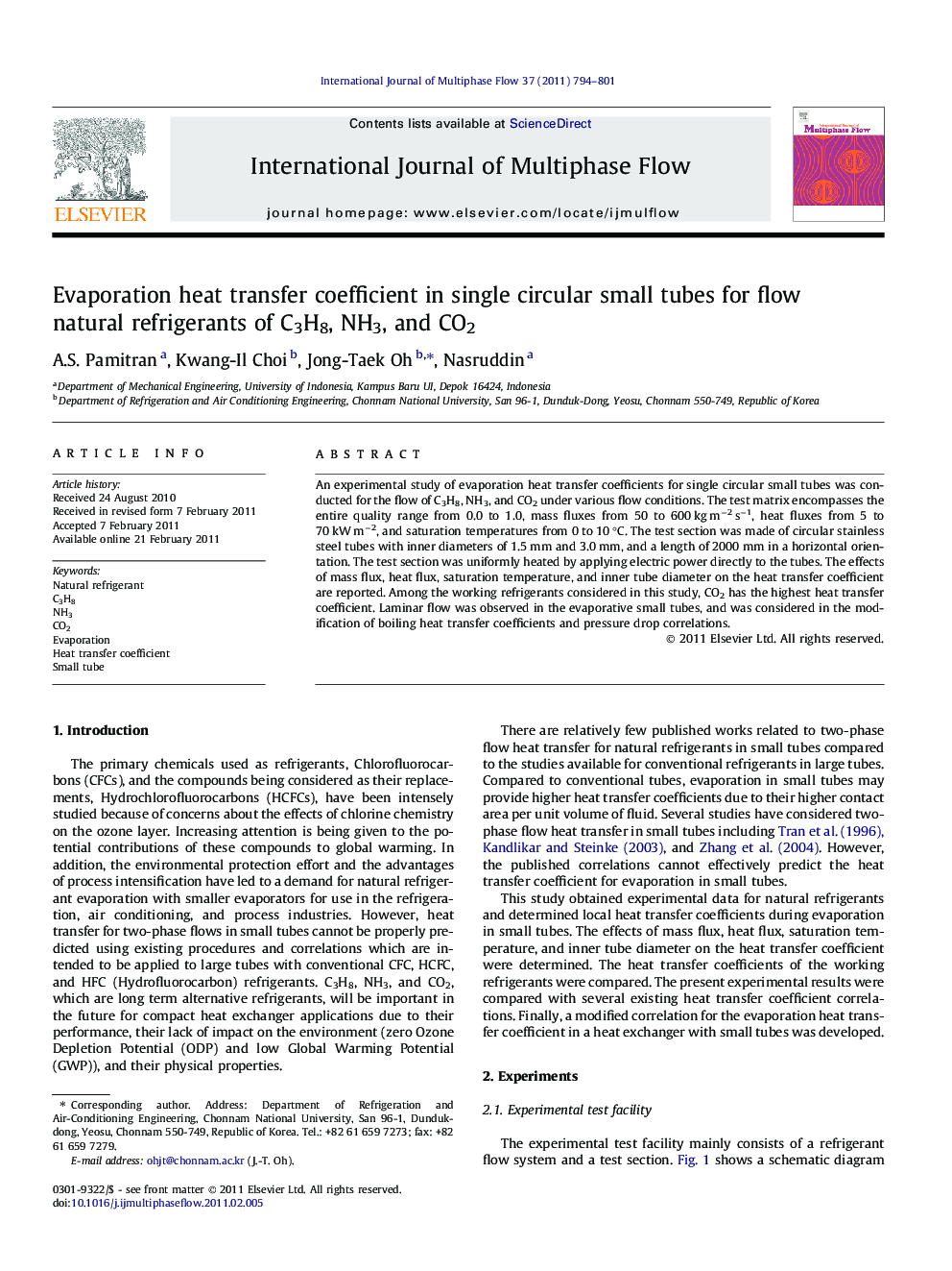 Evaporation heat transfer coefficient in single circular small tubes for flow natural refrigerants of C3H8, NH3, and CO2